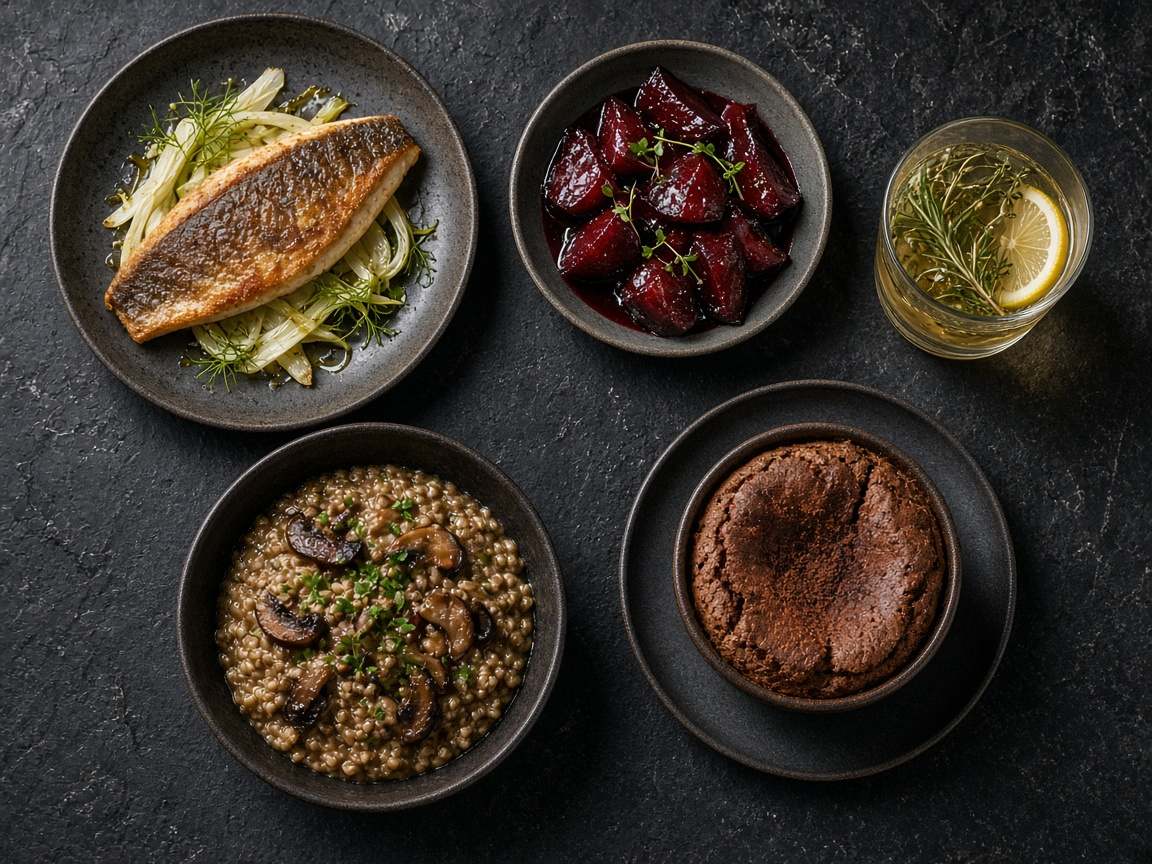 Assiettes du soir : poisson rôti, betteraves laquées, risotto de sarrasin, soufflé au cacao et infusion citronnée