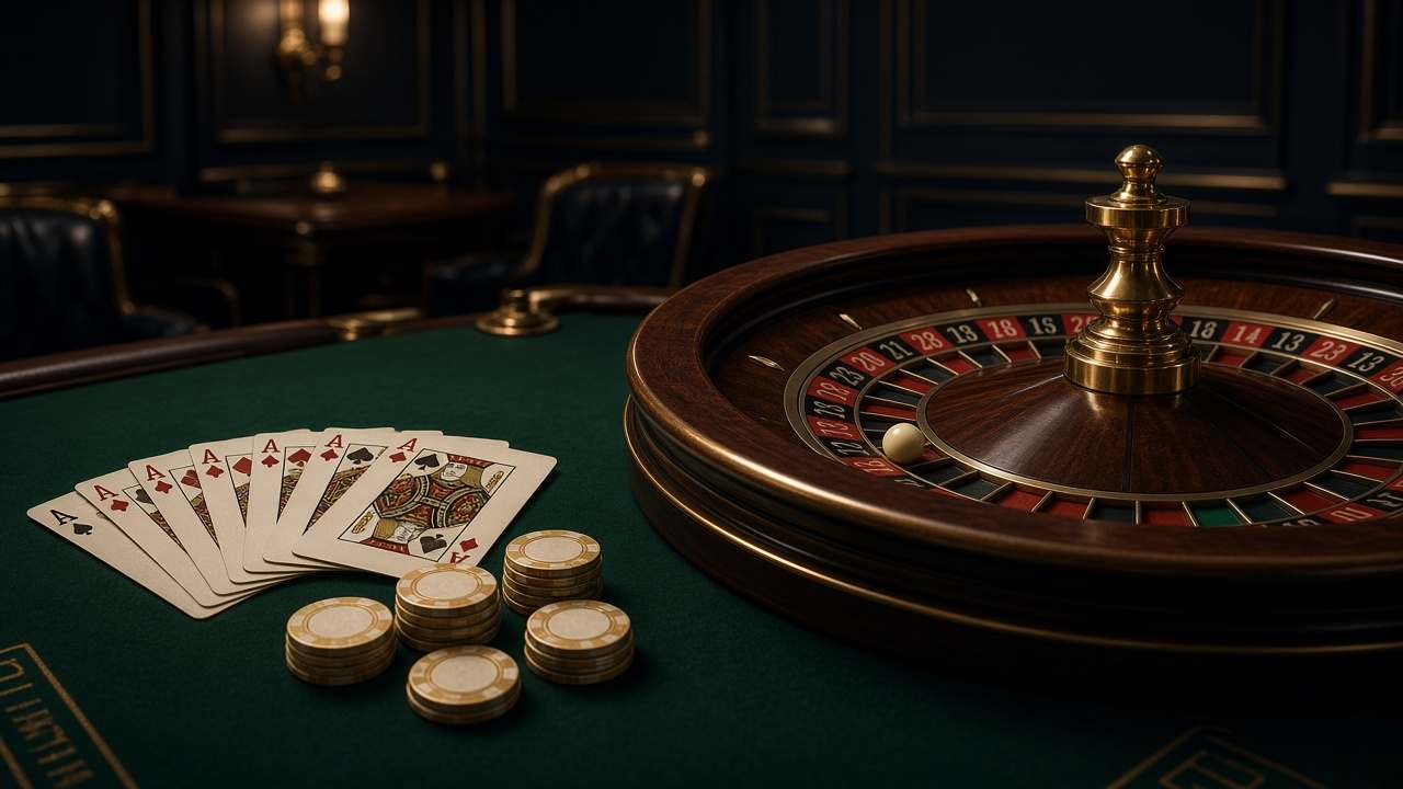 Table de jeux avec roulette, cartes et jetons dorés dans le salon NandechaCherie