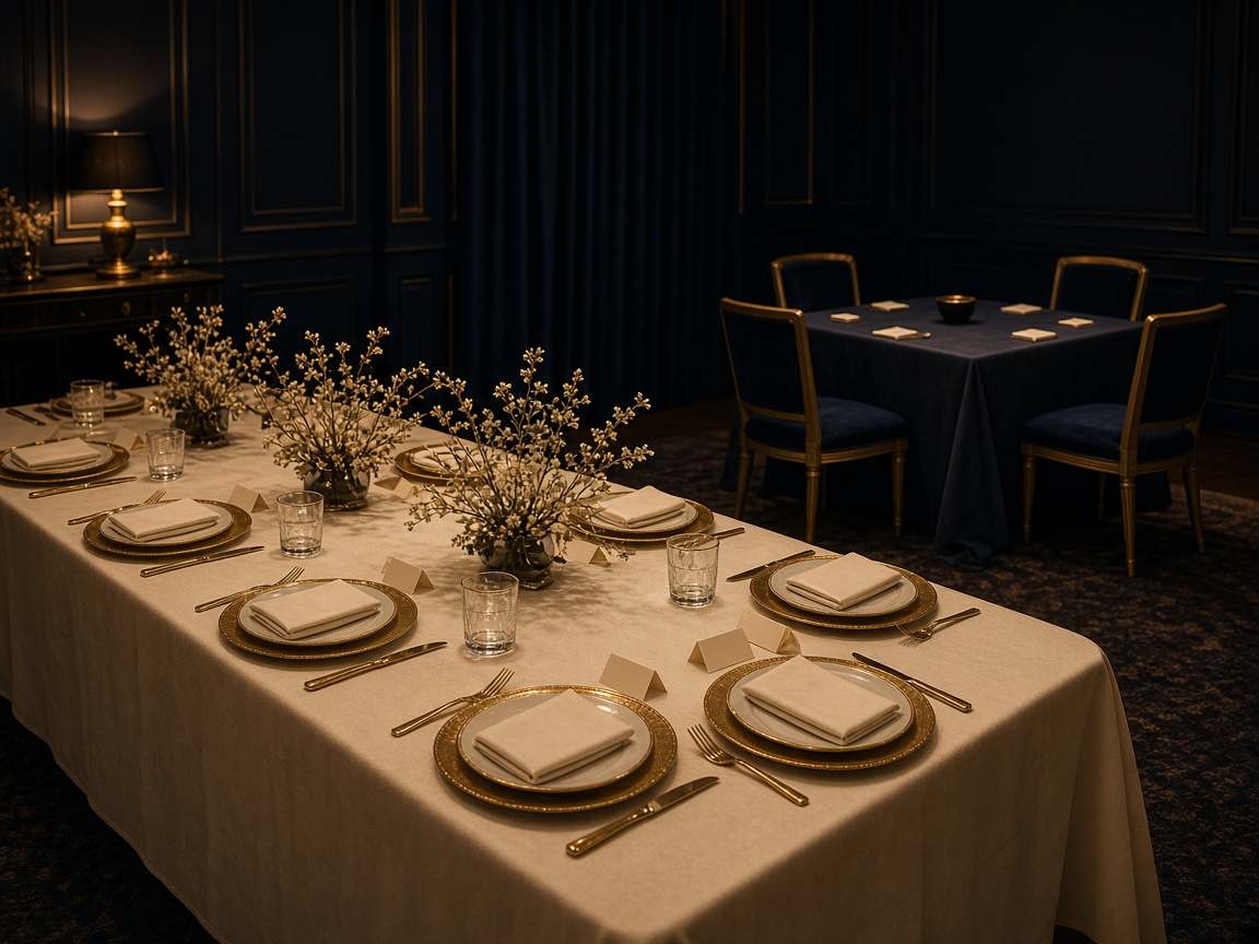 Grande table dressée pour un événement, avec une table de jeu préparée au fond de la salle